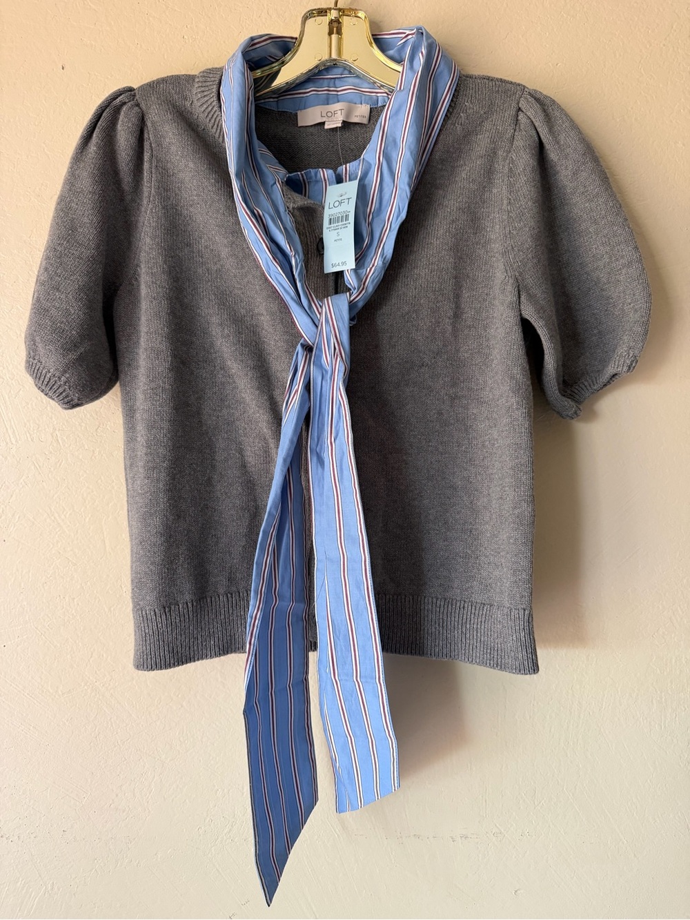 Grey sweater shirt puff sleeve faux collar tie 100% cotton nwt Ann Taylor PS